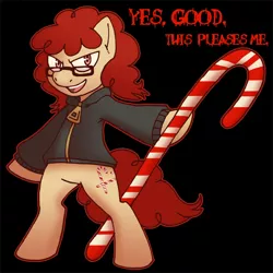 Size: 600x599 | Tagged: semi-grimdark, derpibooru import, twist, pony, bipedal, bitter sweets, blood, candy cane, clothes, female, filly, glasses, hoodie, solo