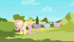 Size: 960x540 | Tagged: safe, derpibooru import, screencap, fluttershy, pegasus, pony, sheep, the crystal empire, animated, bipedal, cute, ewe, eyes closed, female, happy, mare, open mouth, pronking, running, shyabetes, smiling, spread wings, the ballad of the crystal empire, tiny ewes, wings
