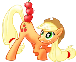 Size: 900x726 | Tagged: safe, artist:shadow-rhapsody, derpibooru import, applejack, earth pony, pony, apple, balancing, female, looking back, mare, simple background, smiling, solo, transparent background