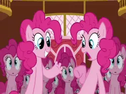 Size: 384x288 | Tagged: safe, derpibooru import, screencap, pinkie pie, earth pony, pony, too many pinkie pies, clone, female, finger, fun fun fun, gasp, hand, mare, multeity, pinkie clone, too much pink energy is dangerous