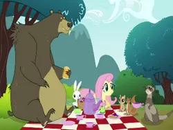 Size: 384x288 | Tagged: angel bunny, bear, derpibooru import, fluttershy, picnic, safe, screencap, squirrel, too many pinkie pies, wrong aspect ratio