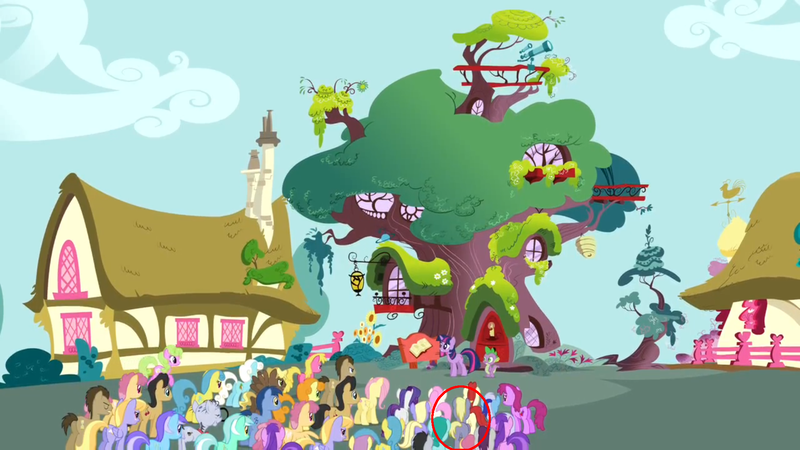 Size: 1920x1080 | Tagged: safe, derpibooru import, edit, edited screencap, screencap, amethyst star, berry punch, berryshine, blues, carrot top, cherry berry, cherry fizzy, cloud kicker, compass star, cool star, daisy, diamond mint, dizzy twister, doctor whooves, flower wishes, fluttershy, golden harvest, lemon hearts, lucky clover, lyra heartstrings, minuette, mr. waddle, noteworthy, orange blossom, orange swirl, parasol, prim posy, rarity, serena, spike, spring melody, sprinkle medley, starburst (character), time turner, twilight sparkle, twinkleshine, written script, earth pony, pegasus, pony, unicorn, too many pinkie pies, background pony, cappuccino, circled, crowd, female, golden oaks library, male, mare, plot, stallion, unicorn twilight