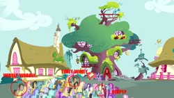 Size: 1280x720 | Tagged: safe, derpibooru import, edit, edited screencap, screencap, amethyst star, berry punch, berryshine, blues, carrot top, cherry berry, cherry fizzy, cloud kicker, compass star, cool star, daisy, diamond mint, dizzy twister, doctor whooves, flower wishes, fluttershy, golden harvest, lemon hearts, lucky clover, lyra heartstrings, minuette, mr. waddle, noteworthy, orange blossom, orange swirl, parasol, prim posy, rarity, serena, spike, spring melody, sprinkle medley, starburst (character), stormfeather, time turner, twilight sparkle, twinkleshine, written script, earth pony, pegasus, pony, unicorn, too many pinkie pies, background pony, cappuccino, circled, clone, clones, crowd, female, golden oaks library, group shot, image macro, male, mare, stallion, unicorn twilight