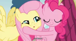 Size: 639x349 | Tagged: confirmed, derpibooru import, fluttershy, pinkie pie, safe, screencap, squishy cheeks, too many pinkie pies, youtube caption