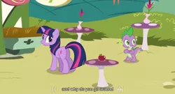 Size: 639x346 | Tagged: safe, derpibooru import, edit, edited screencap, screencap, spike, twilight sparkle, dragon, pony, unicorn, too many pinkie pies, apple, butt, caption, female, food, male, mare, plot, youtube caption