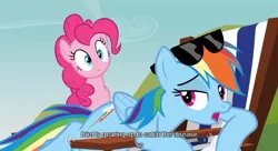 Size: 639x347 | Tagged: beach chair, derpibooru import, pinkie pie, rainbow dash, safe, screencap, sunglasses, too many pinkie pies, youtube caption