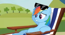 Size: 639x348 | Tagged: beach chair, derpibooru import, rainbow dash, safe, screencap, sunglasses, too many pinkie pies, youtube caption