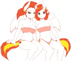 Size: 1022x879 | Tagged: anthro, artist:niisbbb, breasts, clothes, derpibooru import, oc, oc:lotus heat, oc:petal spark, pegasus, sisters, suggestive, twins, underwear, unofficial characters only