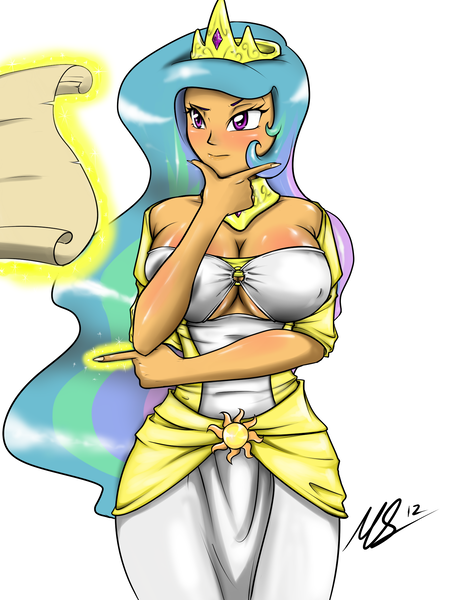 Size: 1500x2000 | Tagged: artist:true-artist-mas, big breasts, breasts, busty princess celestia, cleavage, curvy, derpibooru import, erect nipples, female, human, humanized, magic, princess celestia, scroll, solo, solo female, suggestive, telekinesis, thinking, wide hips