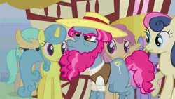 Size: 640x360 | Tagged: safe, derpibooru import, screencap, bon bon, dizzy twister, doctor whooves, lemon hearts, linky, orange swirl, pinkie pie, rainbowshine, shoeshine, sunshower raindrops, sweetie drops, time turner, twinkleshine, earth pony, pony, too many pinkie pies, animated, background pony, beard, clone, clothes, disguise, facial hair, female, frown, hat, haymish, male, mare, pinkie clone, pronking, stallion, straw hat