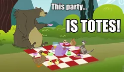 Size: 960x555 | Tagged: bear, chipmunk, derpibooru import, duck, ferret, harry, image macro, safe, screencap, spoiler:s03, squirrel, tea, tea party, too many pinkie pies