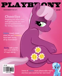 Size: 840x1024 | Tagged: dead source, suggestive, artist:foxxy-arts, artist:moongazeponies, artist:w1kk3d, derpibooru import, cheerilee, trixie, earth pony, pony, unicorn, female, flowerbutt, magazine, magazine cover, mare, playbrony, plot