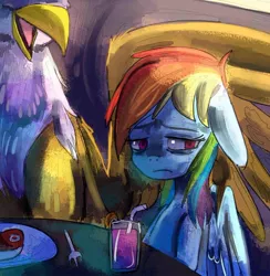 Size: 900x923 | Tagged: safe, artist:terrac0tta, derpibooru import, gilda, rainbow dash, gryphon, fanfic, cafe, drink, food, herbivore vs carnivore, meat, restaurant, sad, table, tl;dr