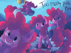 Size: 1600x1200 | Tagged: dead source, safe, artist:berrydrops, derpibooru import, pinkie pie, earth pony, pony, too many pinkie pies, balloon, female, fun fun fun, mare, multeity