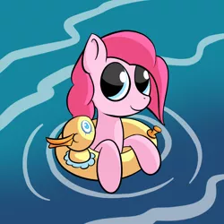 Size: 2000x2000 | Tagged: safe, artist:sharkwellington, derpibooru import, pinkie pie, duck, earth pony, pony, too many pinkie pies, cute, female, floaty, mare, pool toy, smiling, swimming, water, wet mane