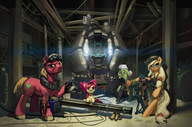 Size: 4500x2975 | Tagged: safe, artist:vombavr, derpibooru import, apple bloom, applejack, big macintosh, granny smith, winona, earth pony, pony, badass, epic, family, gun, male, mech, mecha, stallion, tools, weapon, welder