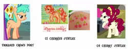 Size: 1086x423 | Tagged: bow, cherries jubilee, cherry jubilee, cherry sherbet, comparison, derpibooru import, g1, jubileena, safe, screencap, tail bow, the last roundup, too many pinkie pies