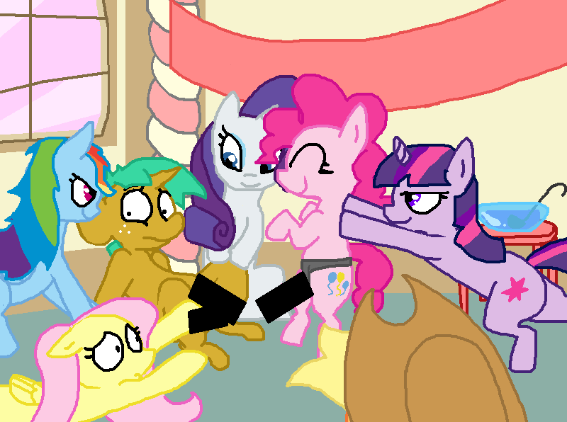 Size: 800x596 | Tagged: applejack, artist:the weaver, censored, derpibooru import, femdom, fluttershy, imminent rape, imminent sex, implied foalcon, mane six, pinkie pie, questionable, rainbow dash, rarity, sex toy, snails, strapon, twilight sparkle