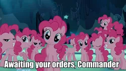 Size: 960x540 | Tagged: awaiting orders, clone, derpibooru import, edit, edited screencap, image macro, lidded eyes, looking at you, mid-blink screencap, multeity, pinkie clone, pinkie pie, safe, screencap, too many pinkie pies, too much pink energy is dangerous