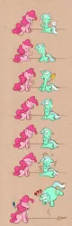 Size: 599x1875 | Tagged: artist:secret-pony, balloon, comic, derpibooru import, exclamation point, fingers, hand, hand envy, inflation, lyra heartstrings, pinkie pie, question mark, safe, too many pinkie pies