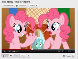 Size: 683x513 | Tagged: clone, derpibooru import, fingers, hand, hoof fingers, hoof fingers, lyra heartstrings, pinkie clone, pinkie pie, safe, screencap, too many pinkie pies, youtube, youtube link