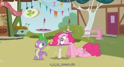 Size: 853x460 | Tagged: derpibooru import, pecan, pecan pie, pinkie pie, sad, safe, screencap, spike, too many pinkie pies, youtube caption