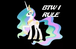 Size: 640x412 | Tagged: safe, derpibooru import, princess celestia, alicorn, pony, black background, crown, female, hoof shoes, jewelry, mare, peytral, raised hoof, regalia, simple background, smiling, solo, text