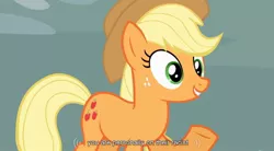 Size: 852x469 | Tagged: applejack, derpibooru import, safe, screencap, solo, too many pinkie pies, youtube caption