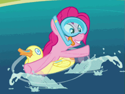 Size: 589x443 | Tagged: animated, derpibooru import, duck, flailing, goggles, inflatable, inner tube, pinkie pie, pond, pool toy, safe, screencap, snorkel, solo, splashing, swimming goggles, too many pinkie pies, wet mane