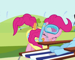 Size: 592x477 | Tagged: animated, beach chair, behaving like a dog, cropped, derpibooru import, goggles, inner tube, loop, offscreen character, party hard, pinkie pie, rainbow dash, safe, screencap, shake, shaking, snorkel, solo focus, swimming goggles, too many pinkie pies, wet-dog shake, wet mane