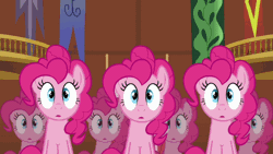 Size: 720x405 | Tagged: animated, clone, derpibooru import, floppy ears, lip bite, multeity, pinkie clone, pinkie pie, reaction image, safe, screencap, too many pinkie pies, too much pink energy is dangerous