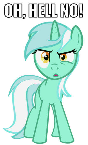 Size: 500x825 | Tagged: safe, derpibooru import, lyra heartstrings, pony, unicorn, caption, female, image macro, looking at you, mare, mismatched eyes, no, oh hell no, raised eyebrow, reaction image, simple background, solo, text, transparent background, vulgar, wide eyes