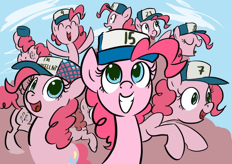 Size: 2356x1668 | Tagged: artist:derkrazykraut, cap, clone, clones, colored, derpibooru import, double dipper, fun fun fun, gravity falls, hat, parody, pinkie clone, pinkie pie, regular show, safe, too many pinkie pies, xk-class end-of-the-world scenario