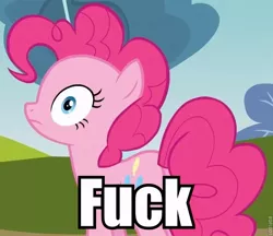 Size: 693x600 | Tagged: safe, derpibooru import, edit, edited screencap, editor:eden89, screencap, pinkie pie, earth pony, pony, too many pinkie pies, cropped, female, fuck, image macro, mare, reaction image, vulgar, wide eyes