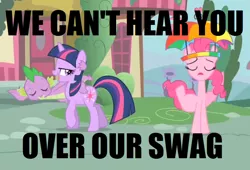 Size: 956x649 | Tagged: safe, derpibooru import, edit, edited screencap, screencap, pinkie pie, spike, twilight sparkle, dragon, pony, unicorn, feeling pinkie keen, caption, female, hat, image macro, male, mare, meme, reaction image, swag, umbrella hat, unicorn twilight