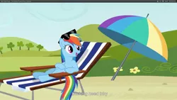 Size: 1920x1080 | Tagged: beach chair, derpibooru import, rainbow dash, safe, screencap, sunglasses, too many pinkie pies, youtube caption