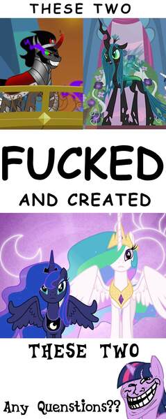 Size: 640x1604 | Tagged: chrysombra, derpibooru import, female, king sombra, male, meme, op is trying too hard, princess celestia, princess luna, queen chrysalis, safe, shipping, straight, text, trollface, twilight sparkle, vulgar