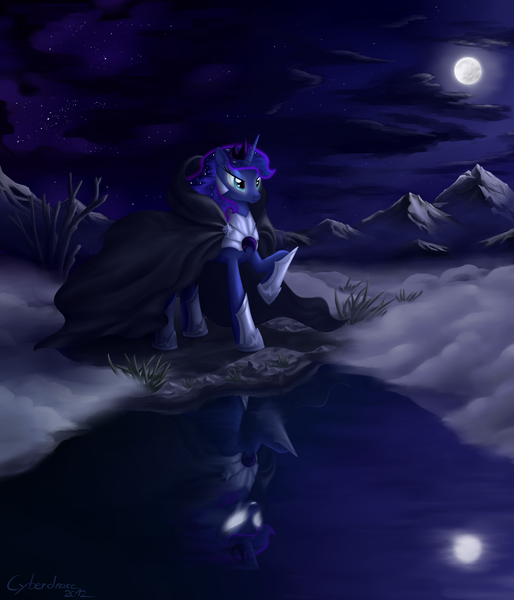 Size: 1800x2100 | Tagged: armor, artist:cyberdrace, cloak, clothes, derpibooru import, glowing eyes, moon, mountain, night, nightmare moon, princess luna, reflection, safe, solo