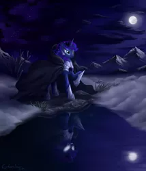 Size: 1800x2100 | Tagged: armor, artist:cyberdrace, cloak, clothes, derpibooru import, glowing eyes, moon, mountain, night, nightmare moon, princess luna, reflection, safe, solo