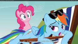 Size: 1920x1080 | Tagged: beach chair, derpibooru import, pinkie pie, rainbow dash, safe, screencap, sunglasses, too many pinkie pies, youtube caption