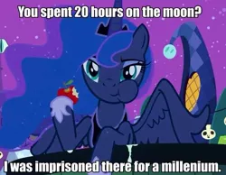 Size: 665x517 | Tagged: safe, derpibooru import, edit, edited screencap, screencap, princess luna, alicorn, pony, luna eclipsed, apple, female, image macro, mare, meme, text, unimpressed astronaut