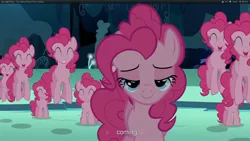 Size: 1920x1080 | Tagged: derpibooru import, fun fun fun, lidded eyes, pinkie pie, safe, screencap, too many pinkie pies, youtube caption