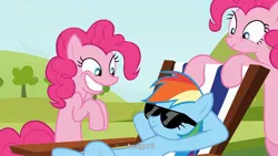 Size: 1920x1080 | Tagged: beach chair, clone, derpibooru import, faic, grin, happy, pinkie clone, pinkie pie, rainbow dash, safe, screencap, smiling, sunglasses, too many pinkie pies, youtube caption, youtube link