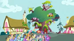 Size: 1920x1080 | Tagged: safe, derpibooru import, screencap, amethyst star, berry punch, berryshine, blues, carrot top, cherry berry, cherry fizzy, cloud kicker, compass star, cool star, daisy, diamond mint, dizzy twister, doctor whooves, flower wishes, fluttershy, golden harvest, lemon hearts, lucky clover, lyra heartstrings, minuette, mr. waddle, noteworthy, orange blossom, orange swirl, parasol, prim posy, rarity, serena, spike, spring melody, sprinkle medley, starburst (character), time turner, twilight sparkle, twinkleshine, unnamed pony, written script, earth pony, pegasus, pony, unicorn, too many pinkie pies, background pony, background pony audience, cappuccino, crowd, female, golden oaks library, male, mare, multeity, stallion, youtube caption