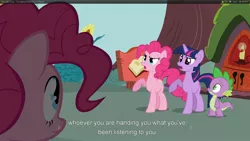 Size: 1920x1080 | Tagged: derpibooru import, pinkie pie, safe, screencap, spike, too many pinkie pies, twilight sparkle, youtube caption