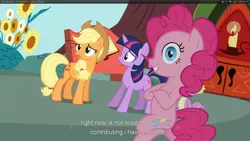 Size: 1920x1080 | Tagged: applejack, derpibooru import, pinkie pie, safe, screencap, spike, too many pinkie pies, twilight sparkle, youtube caption