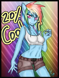 Size: 698x924 | Tagged: anthro, artist:blup-chan, clothes, derpibooru import, human facial structure, rainbow dash, safe, shorts, solo, tanktop