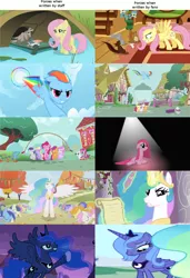 Size: 1000x1462 | Tagged: safe, derpibooru import, edit, edited screencap, screencap, apple bloom, bon bon, carrot top, dinky hooves, fluttershy, golden harvest, minuette, pinkie pie, princess celestia, princess luna, rainbow dash, scootaloo, sweetie belle, sweetie drops, twinkleshine, alicorn, earth pony, fish, pegasus, pony, unicorn, a friend in deed, dragonshy, fall weather friends, friendship is magic, luna eclipsed, party of one, ponyville confidential, putting your hoof down, sonic rainboom (episode), the crystal empire, abuse, alternate character interpretation, applebuse, bitchlestia, comparison, cute, cutie mark crusaders, dead, feeding, female, flutterbitch, mare, meta, pinkamena diane pie, rainbow douche, scootabuse, sweetiebuse, truth, woona