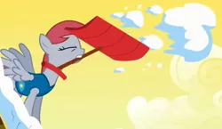Size: 770x446 | Tagged: safe, derpibooru import, screencap, ski doo, pegasus, pony, winter wrap up, background pony, eyes closed, female, mare, mouth hold, recolor, red mane, shovel, snow, snow shovel, solo, spread wings, weather team, wings, winter wrap up vest