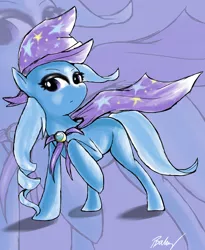 Size: 2700x3300 | Tagged: safe, artist:thefabledrarity, derpibooru import, trixie, pony, unicorn, cape, clothes, female, hat, looking sideways, mare, raised hoof, signature, solo, trixie's cape, trixie's hat, zoom layer